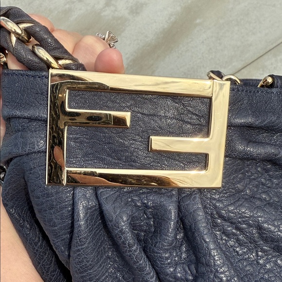 Fendi Navy Gold Mia large textured Leather Women's Bag - Picture 12 of 16